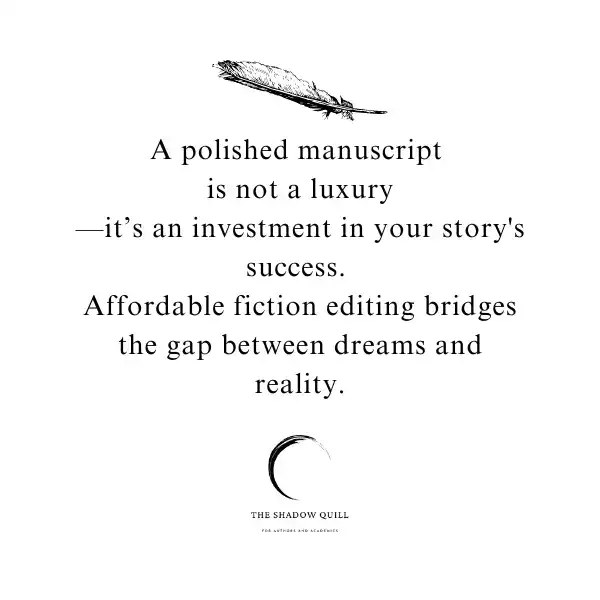 A photo graphic depicting a black feather and below it the words A polished manuscript is not a luxury—it’s an investment in your story's success. Affordable fiction editing bridges the gap between dreams and reality. Created by The Shadow Quill.