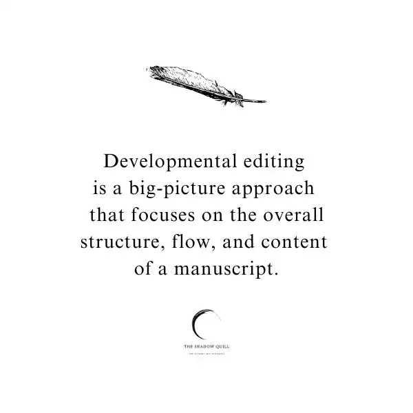 A graphic image showing a black feather and below it the quote - Developmental editing is a big-picture approach that focuses on the overall structure, flow, and content of a manuscript, by The Shadow Quill
