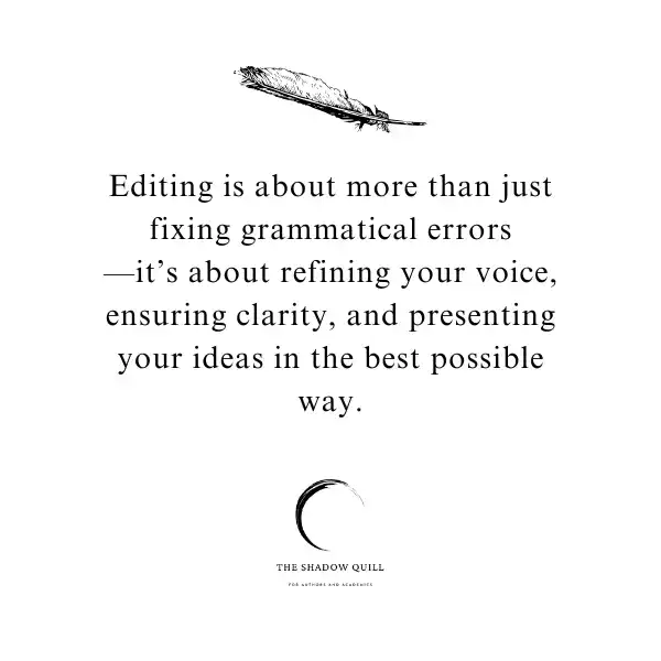A photo graphic depicting a black feather and below it the words editing is about more than just fixing grammatical errors—it’s about refining your voice, ensuring clarity, and presenting your ideas in the best possible way. Created by The Shadow Quill.