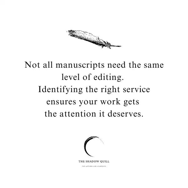 A photo graphic depicting a black feather and below it the words Not all manuscripts need the same level of editing. Identifying the right service ensures your work gets the attention it deserves. Created by The Shadow Quill.