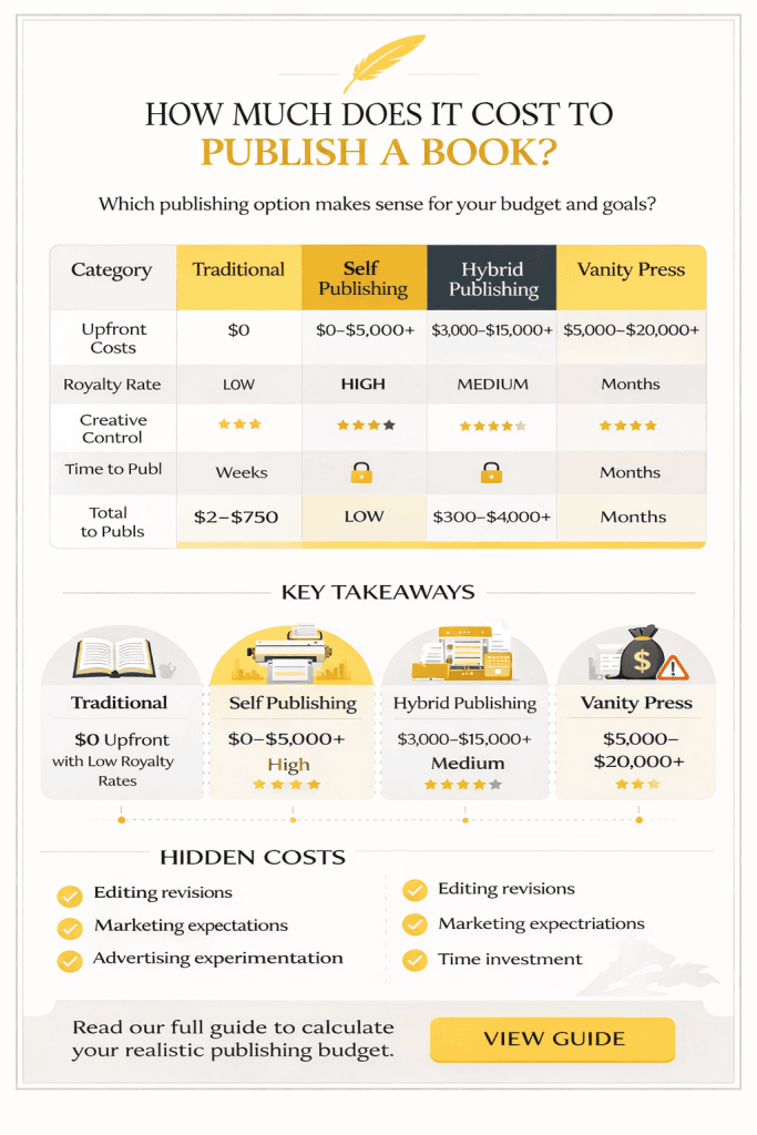 Cost to publish a book comparison infographic showing traditional publishing, self publishing, hybrid publishing, and vanity press costs